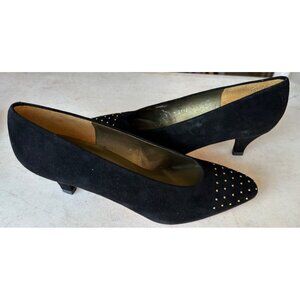 Evan-Picone Black Suede Mid-Heel Dress Shoes w/Gold Beads Size 6B/Medium (READ)